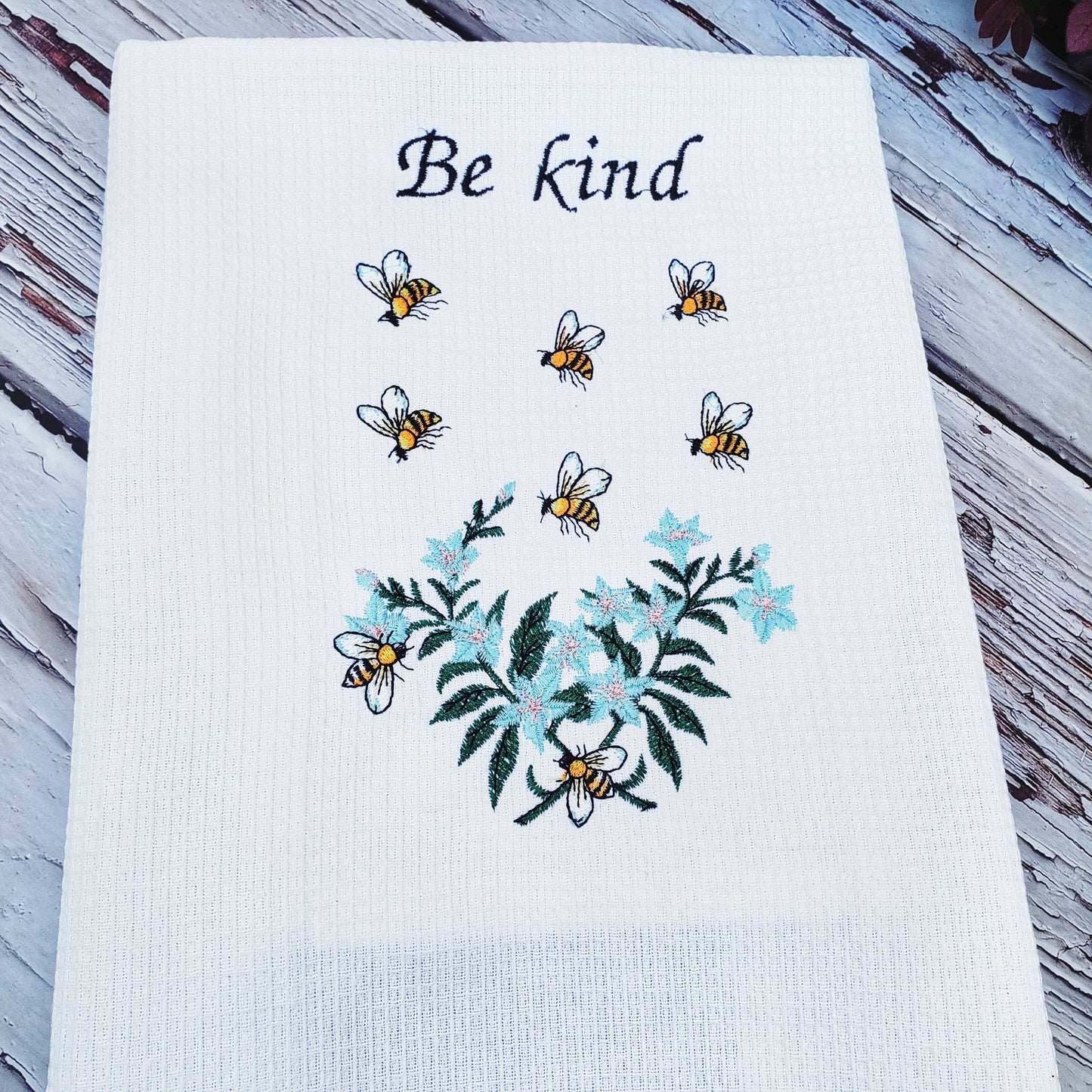 Tea Towel Embroidery Bouquet and Bees