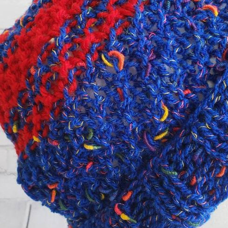 crochet beanie, knitted hat, blue and red hat
